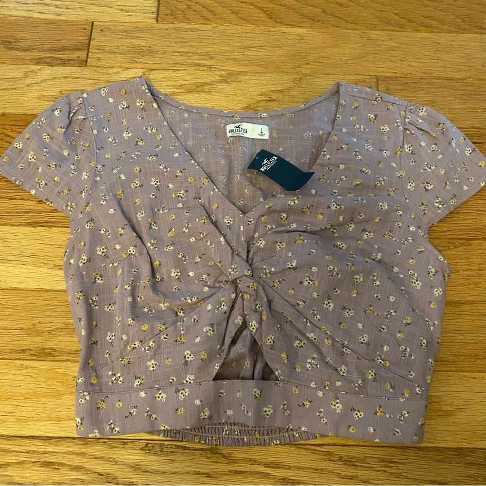 Hollister Womens M V neck purple floral crop peek a boo with elastic hem
